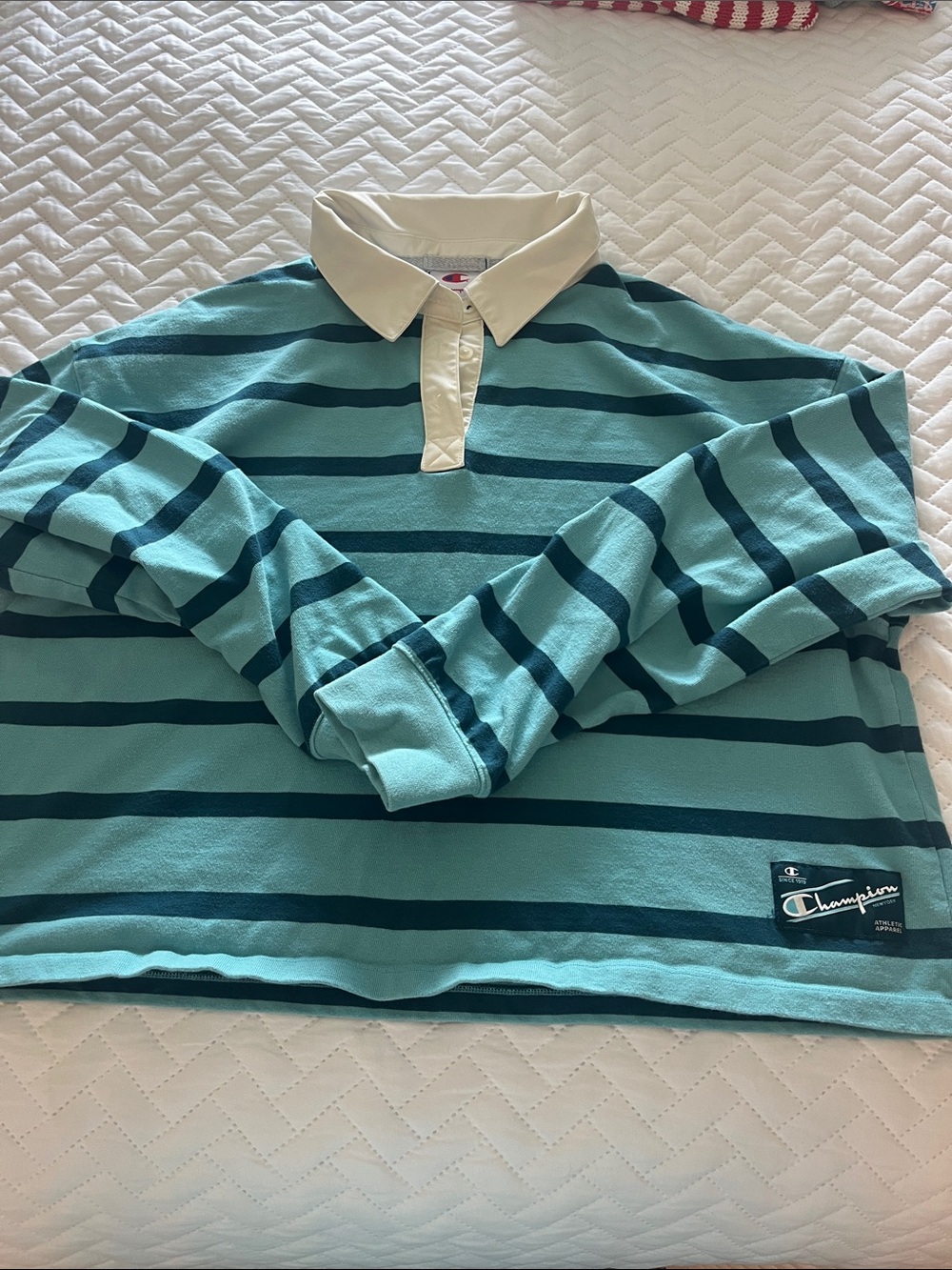 Champion Women’s Teal & Navy Striped Rugby Polo with Cream Collar Sz XXL